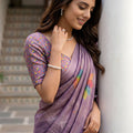 Lavender Printed Linen Silk Saree with Multicolor Leaf Design