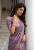 Lavender Printed Linen Silk Saree with Multicolor Leaf Design
