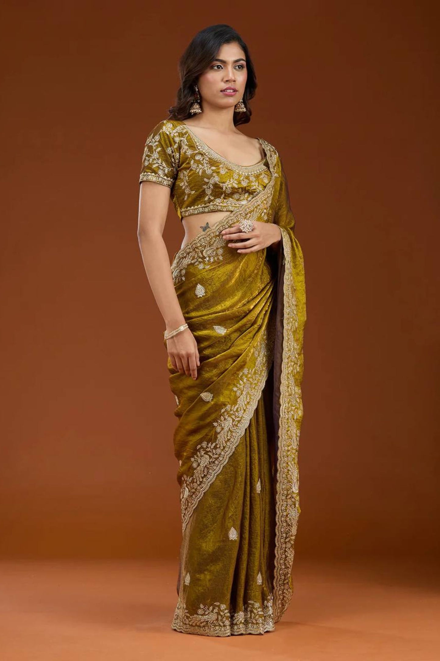 Olive Green Designer Embroidered Saree with Heavy Matching Blouse