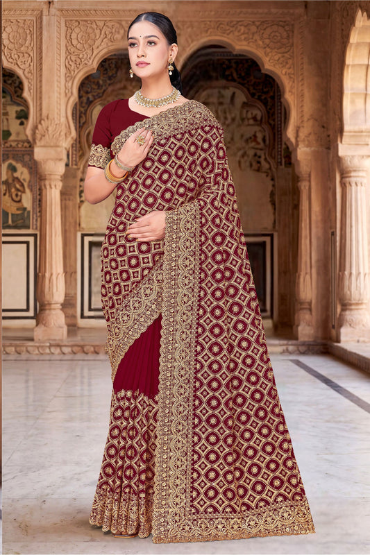 Maroon Georgette Saree Heavy Gold Zari Embroidery Designer Blouse 
