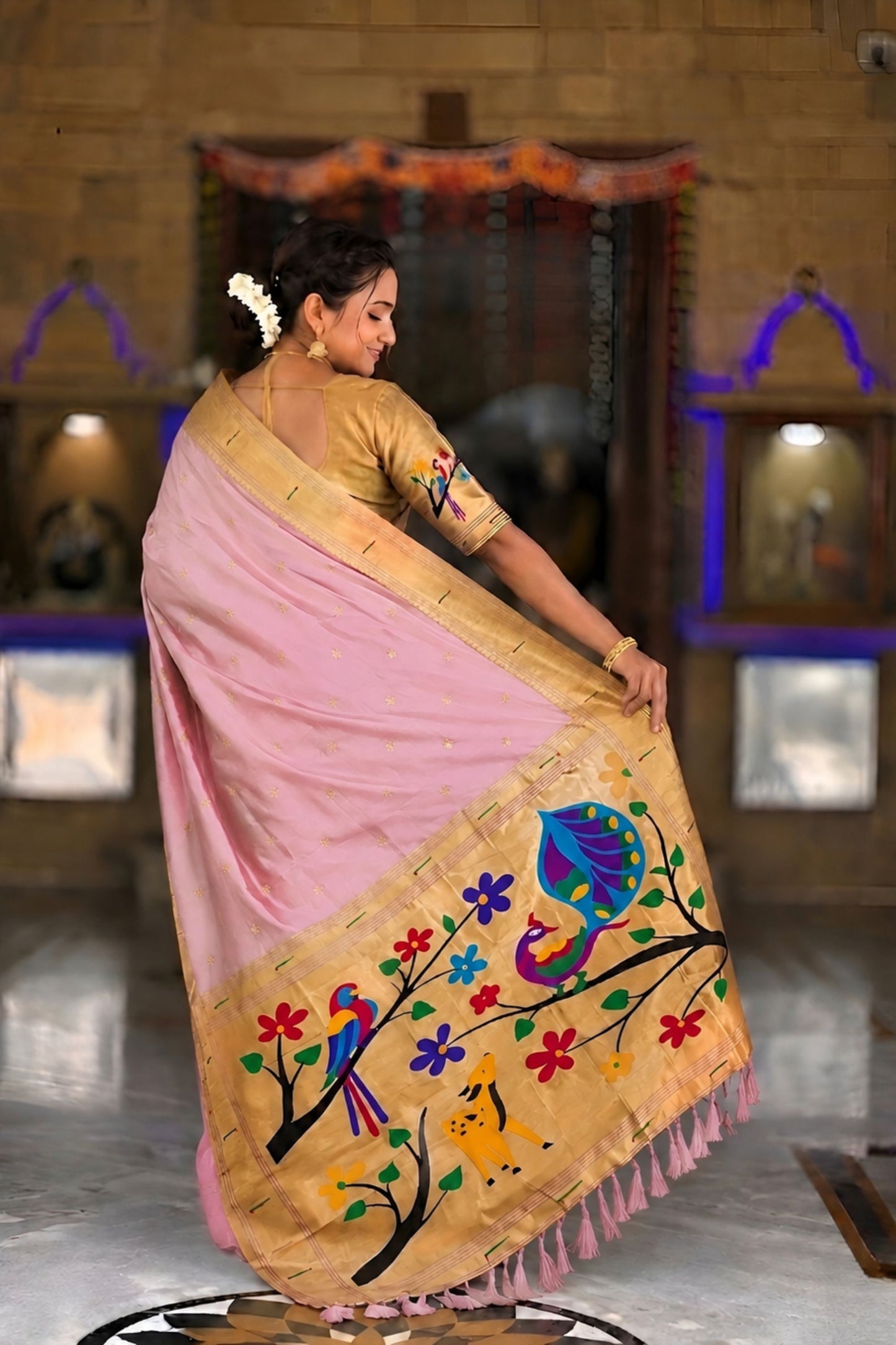Pink Cotton Silk Saree Golden Border Peacock Floral Designer Pallu