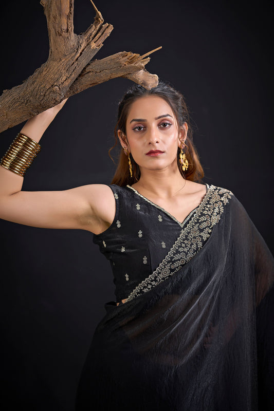 Black Organza Silk Saree Embroidered Border Designer Saree