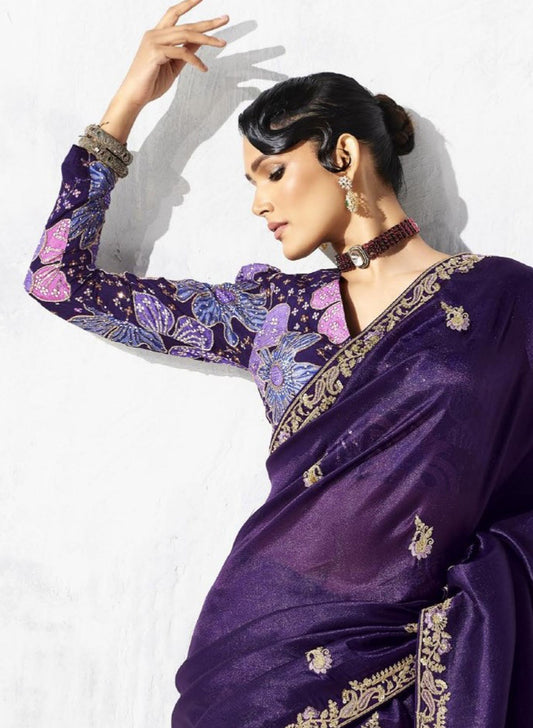 Designer Purple Silk Saree Blouse Party  Wear