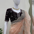 Peach Embroidered Net Designer Saree with Sequins Work Blouse