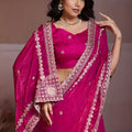 Rani Pink Embroidered Chiffon Saree with Zari Border Party Wear