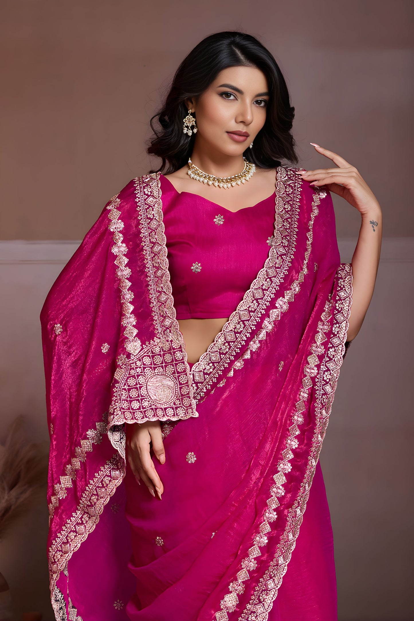 Rani Pink Embroidered Chiffon Saree with Zari Border Party Wear