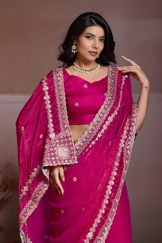 Rani Pink Embroidered Chiffon Saree with Zari Border Party Wear