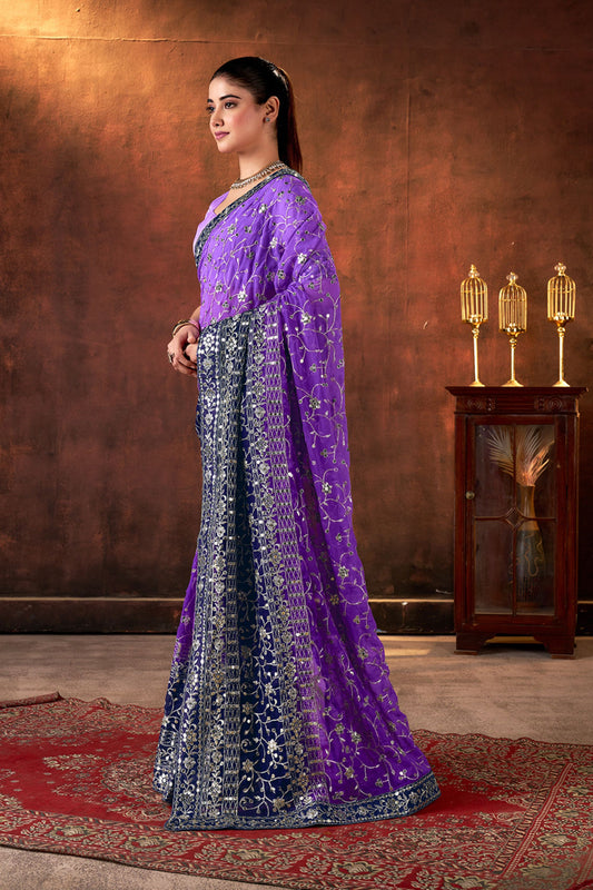 Purple Navy Blue Embroidered Silk Saree with Silver Zari