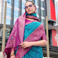Teal Blue Banarasi Patola Silk Saree with Pink Zari Border Pallu