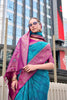Teal Blue Banarasi Patola Silk Saree with Pink Zari Border Pallu