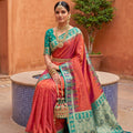 Red Silk Saree with Green Contrast Border Traditional Zari Festive Wear