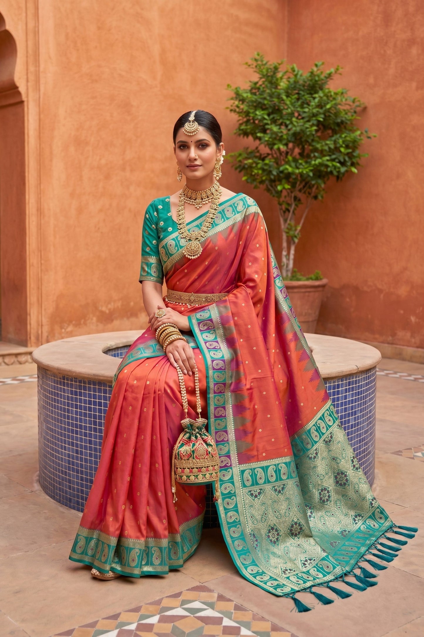 Red Silk Saree with Green Contrast Border Traditional Zari Festive Wear