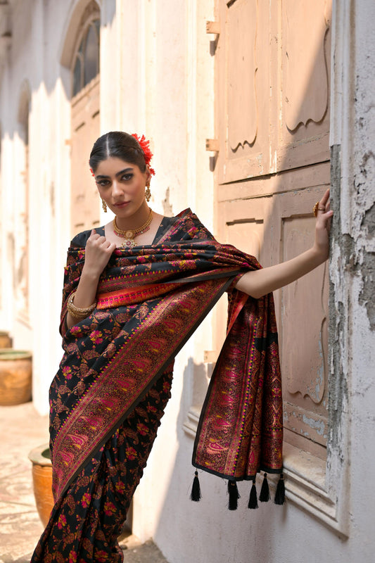 Black Silk Saree with Pink Gold Zari Woven Border Traditional Saree