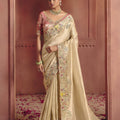 Cream Gold Silk Bridal Saree with Heavy Zari Embroidery Designer Blouse 