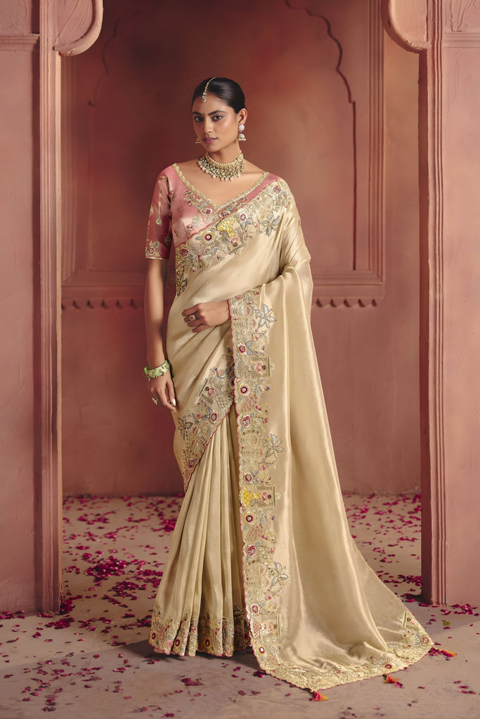 Cream Gold Silk Bridal Saree with Heavy Zari Embroidery Designer Blouse 