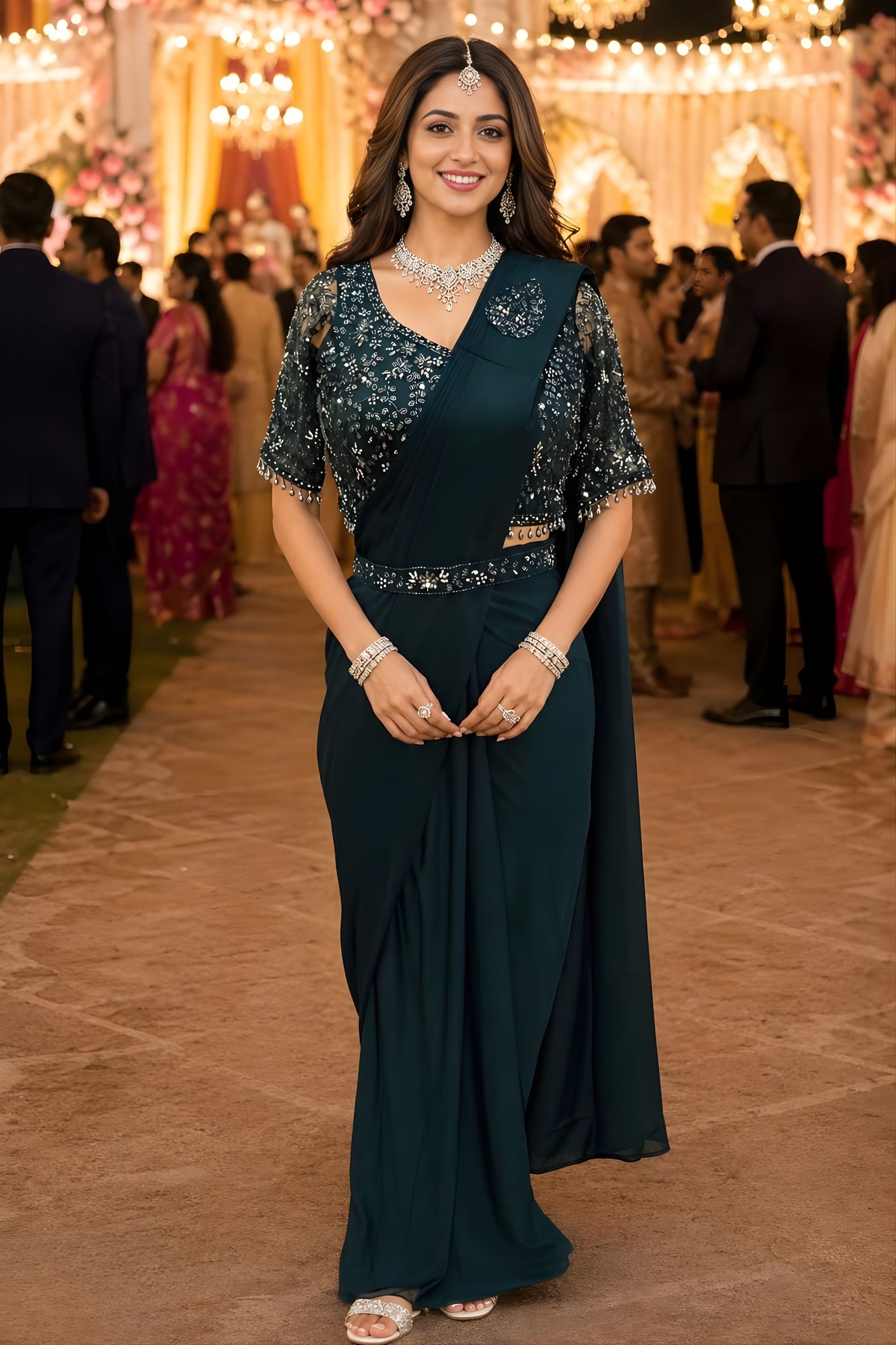 Teal Green Sequins Ready to Wear Designer Saree Embroidered Blouse
