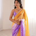 Beautiful Yellow Lavender Ombre Organza Saree Embroidered Border