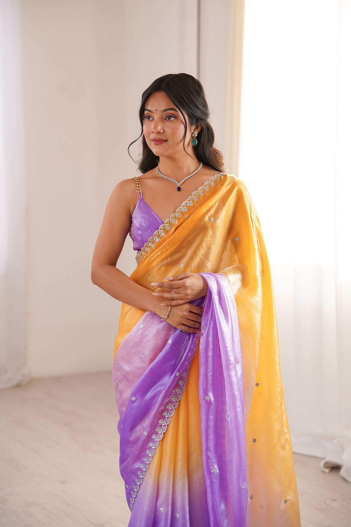 Beautiful Yellow Lavender Ombre Organza Saree Embroidered Border