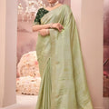 Pastel Green Silk Saree Subtle Gold Work Dark Green Designer Blouse