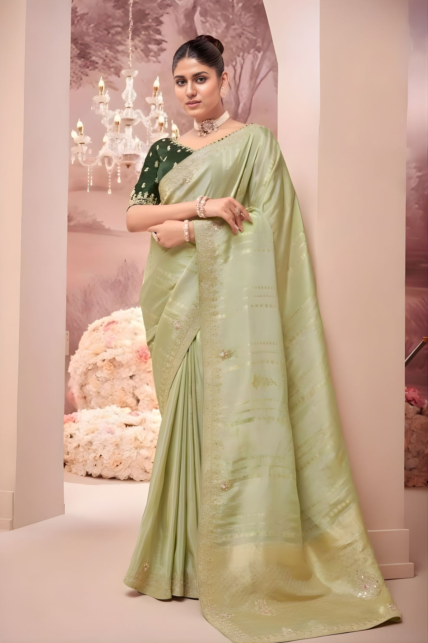 Pastel Green Silk Saree Subtle Gold Work Dark Green Designer Blouse