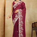 Wine Maroon Embroidered Georgette Saree Heavy Floral Border Designer Blouse