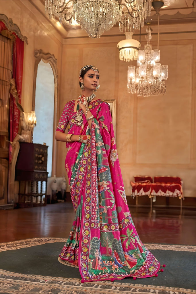 Pink Designer Silk Saree Royal Rajasthani Print Floral Border 