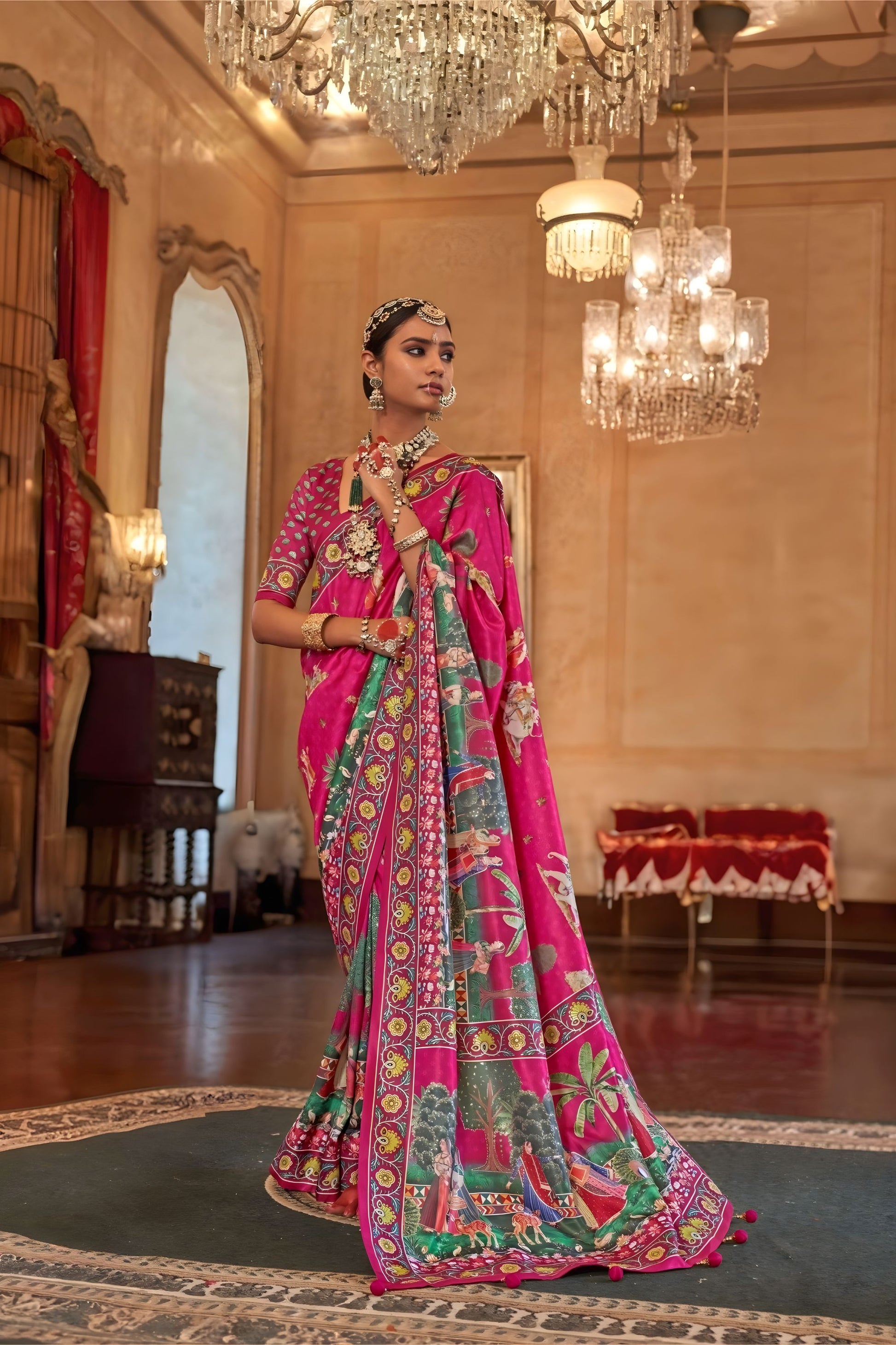 Pink Designer Silk Saree Royal Rajasthani Print Floral Border 