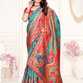Teal Blue Multicolor Printed Saree Paisley Design Designer Saree