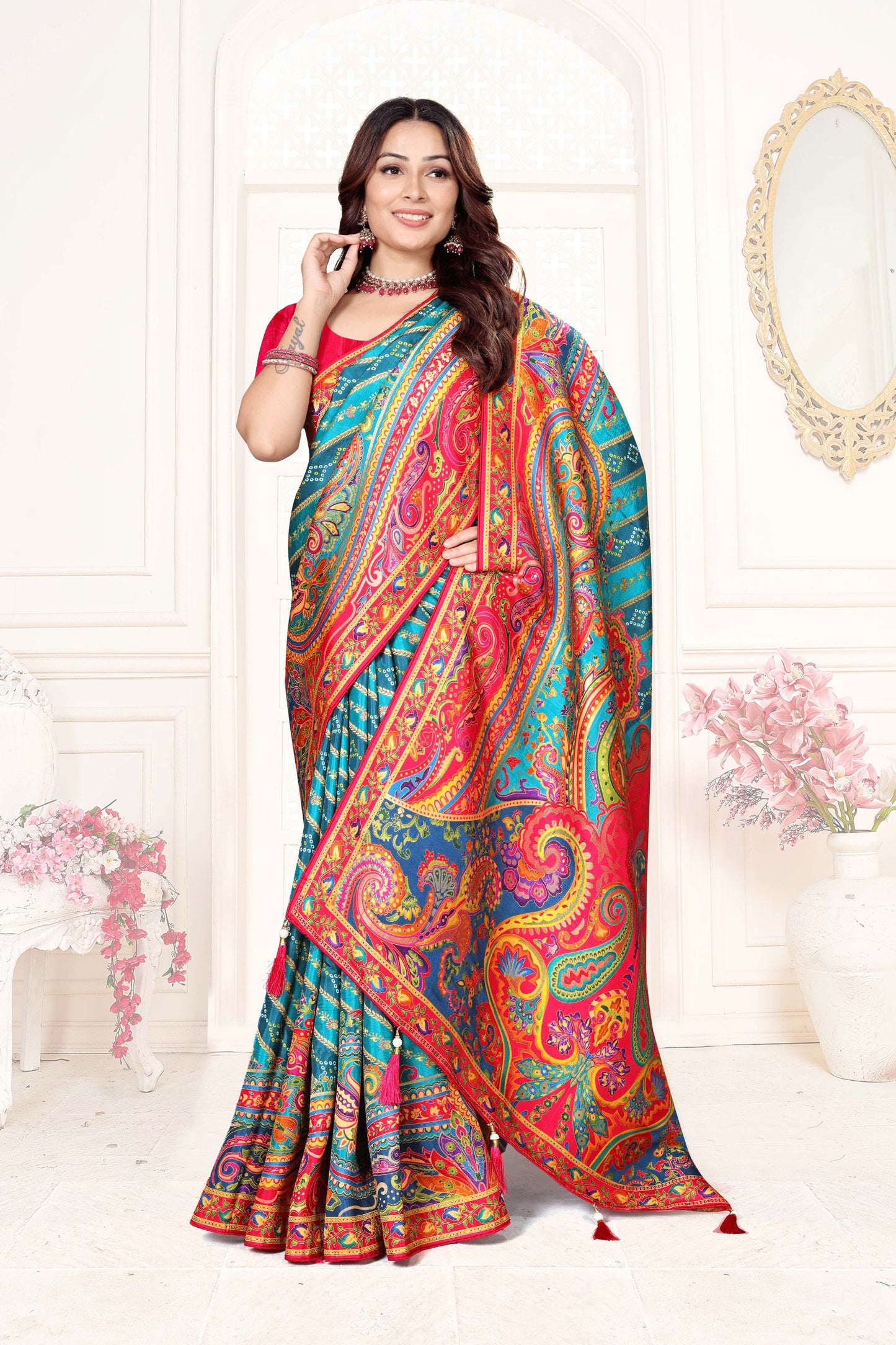 Teal Blue Multicolor Printed Saree Paisley Design Designer Saree