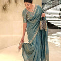 Premium Teal Blue Organza Silk Saree Embroidered Floral Border