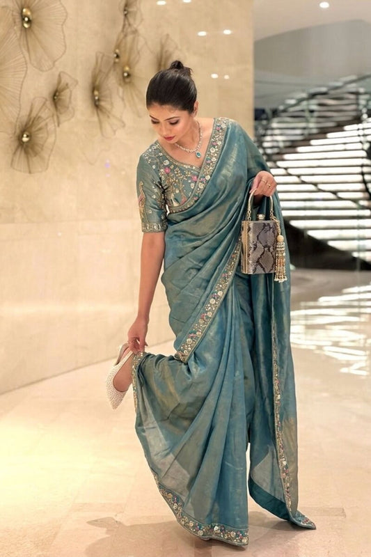 Premium Teal Blue Organza Silk Saree Embroidered Floral Border