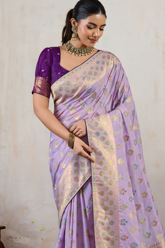 Lavender Banarasi Silk Saree Multicolor Zari Buti Weaving Rich Pallu