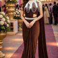 Chocolate Brown Designer Ready to Wear Saree Pearl Embellished Cape Blouse