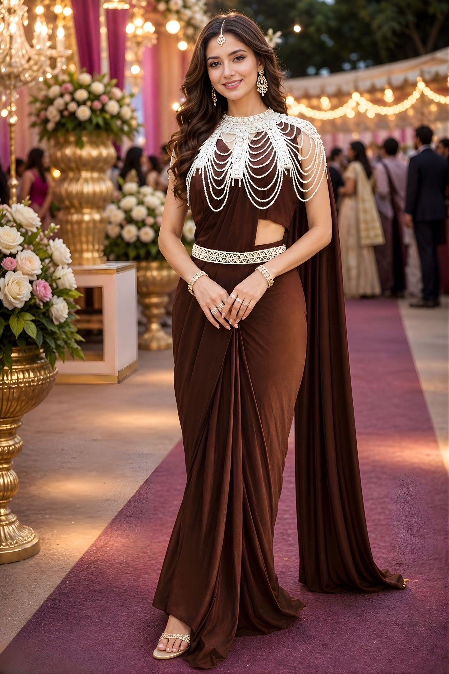 Chocolate Brown Designer Ready to Wear Saree Pearl Embellished Cape Blouse