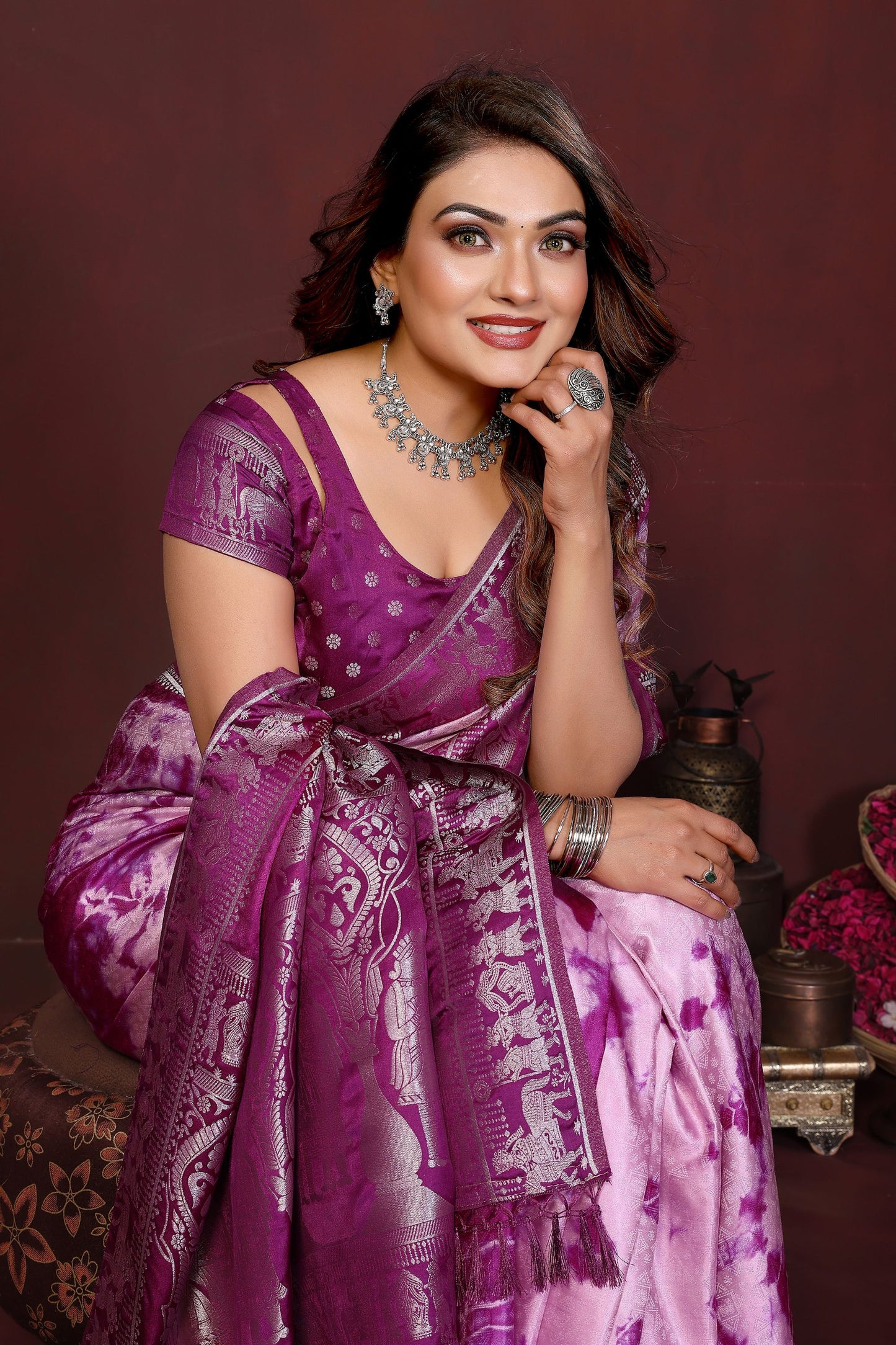 Purple Pink Tie-Dye Silk Saree with Silver Woven Border