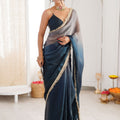 Navy Blue Organza Silk Saree Designer Lace Border Matching Blouse