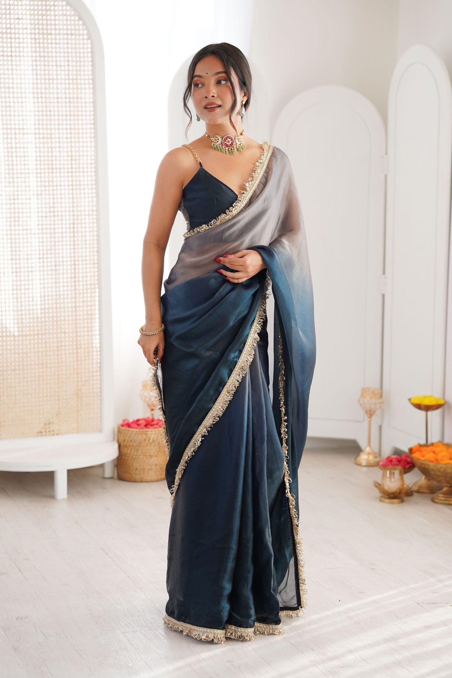 Navy Blue Organza Silk Saree Designer Lace Border Matching Blouse