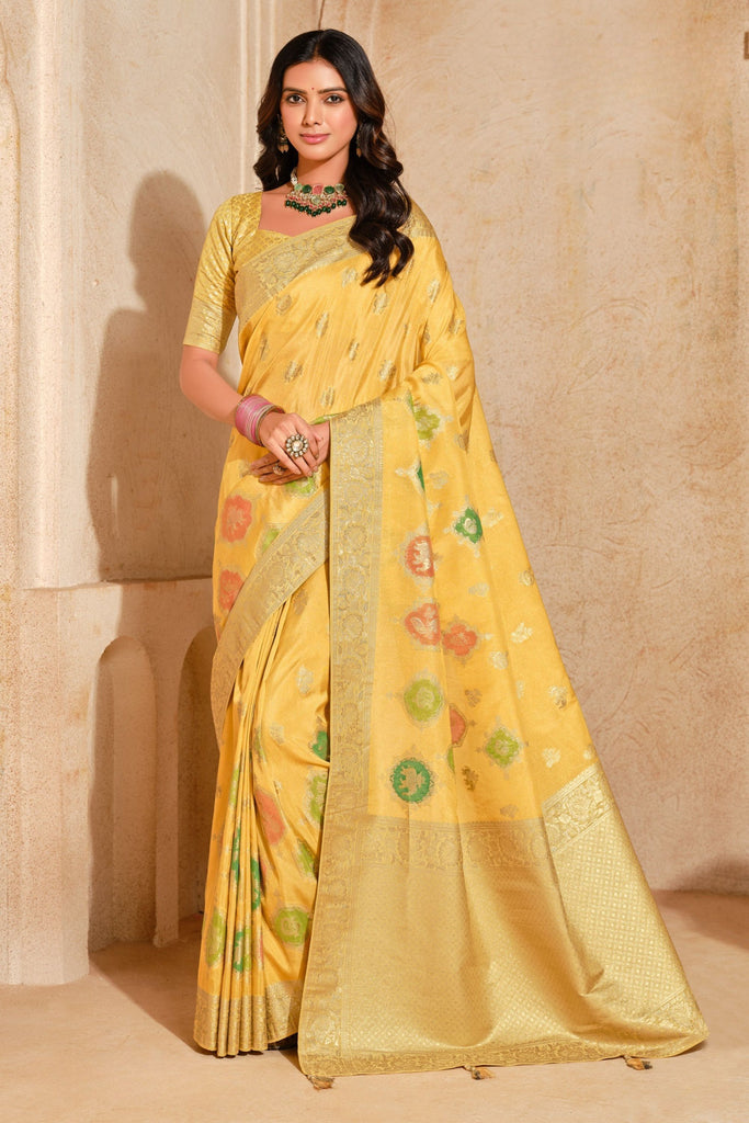  Yellow Banarasi Silk Saree Gold Zari Floral Butti Weaving Traditional Border