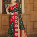 Bottle Green Red Banarasi Silk Saree Gold Zari Peacock Motifs Saree