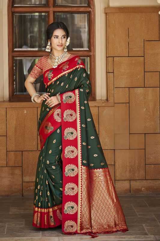 Bottle Green Red Banarasi Silk Saree Gold Zari Peacock Motifs Saree