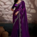 Purple Satin Silk Designer Saree with Embroidered Border Blouse