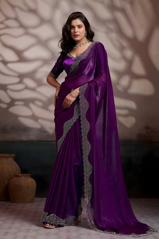 Purple Satin Silk Designer Saree with Embroidered Border Blouse