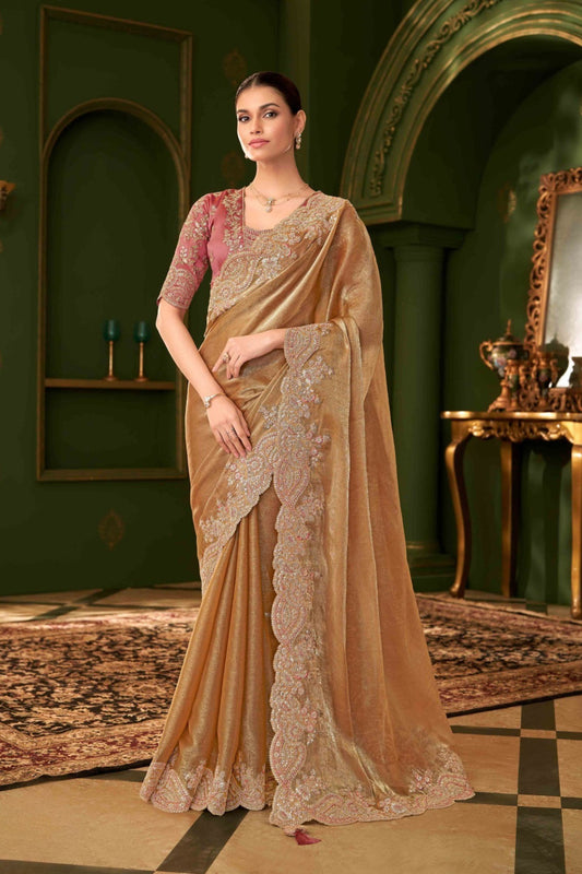 Golden Velvet Saree Pink Designer Blouse Reception Wear