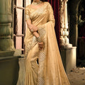 Golden Beige Organza Silk Saree Heavy Zari Sequin Embroidery Designer Blouse 