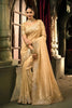 Golden Beige Organza Silk Saree Heavy Zari Sequin Embroidery Designer Blouse 