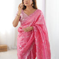 Pink Organza Saree Silver Floral Embroidery Designer Scalloped Border
