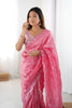 Pink Organza Saree Silver Floral Embroidery Designer Scalloped Border