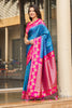 Elegant Sky Blue Silk Saree with Pink Contrast Border Floral Zari Work