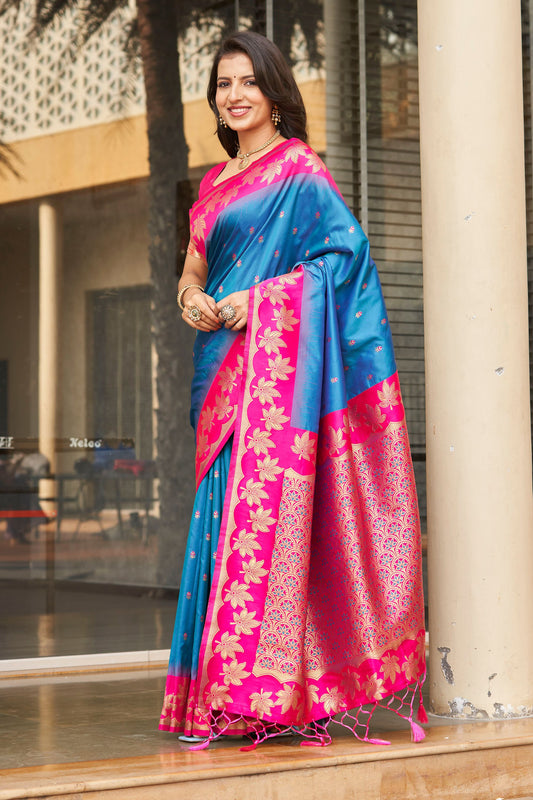 Elegant Sky Blue Silk Saree with Pink Contrast Border Floral Zari Work