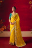 Yellow Floral Embroidered Silk Saree with Contrast Teal Blouse